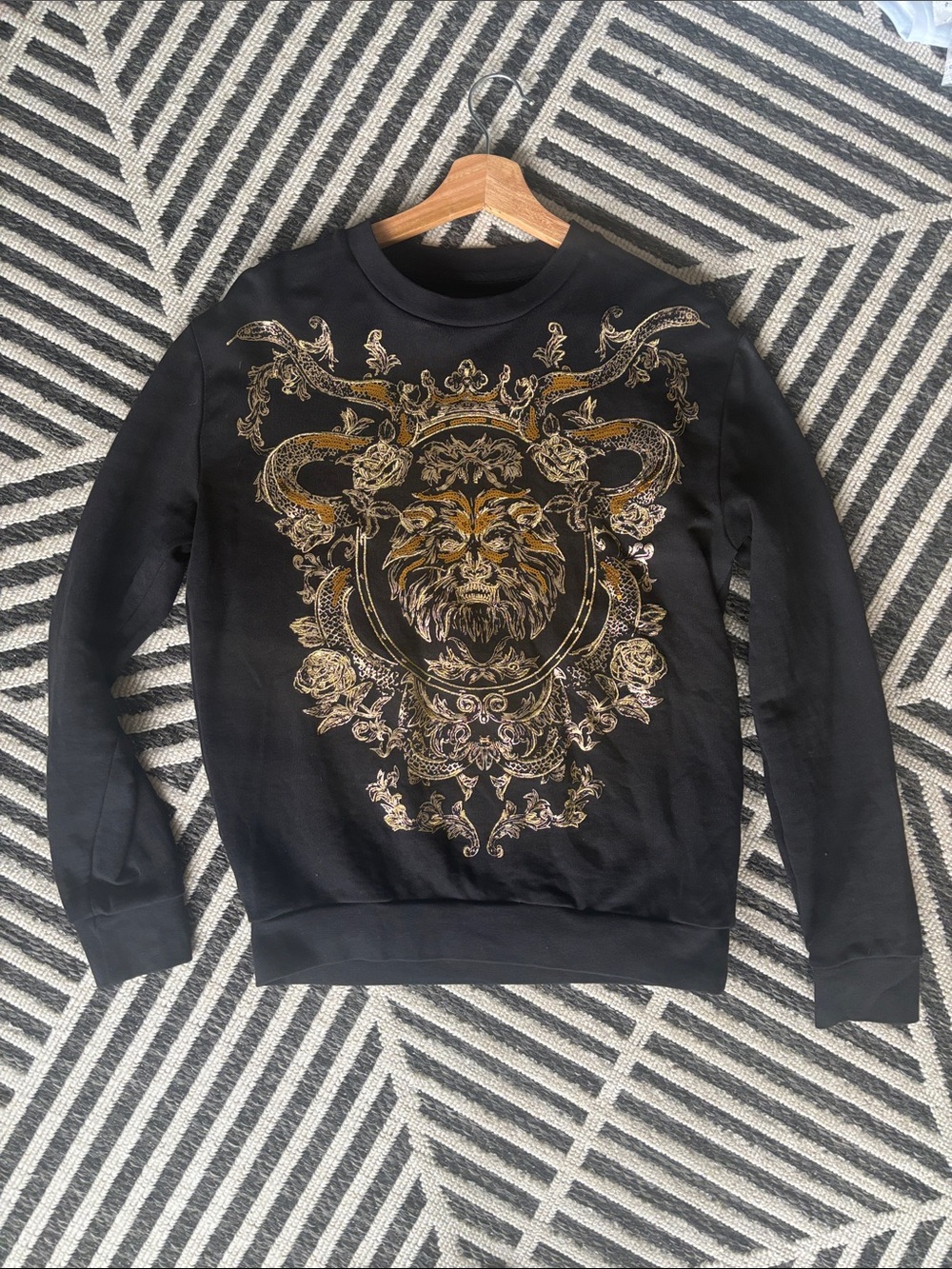 Zara Black Crewneck Sweater with Gold Baroque Lion Motif